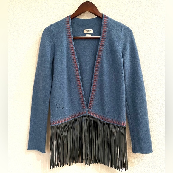Zadig & Voltaire Marla Cashmere/ Leather Fringe Cardigan Boho Rock - Picture 6 of 15
